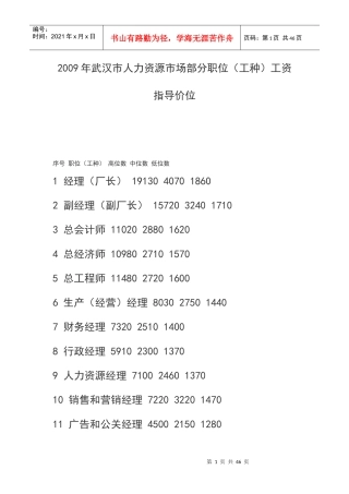 武汉市XXXX,X年人力资源市场工资指导价位