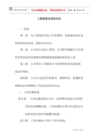 某某公司工资标准与发放办法