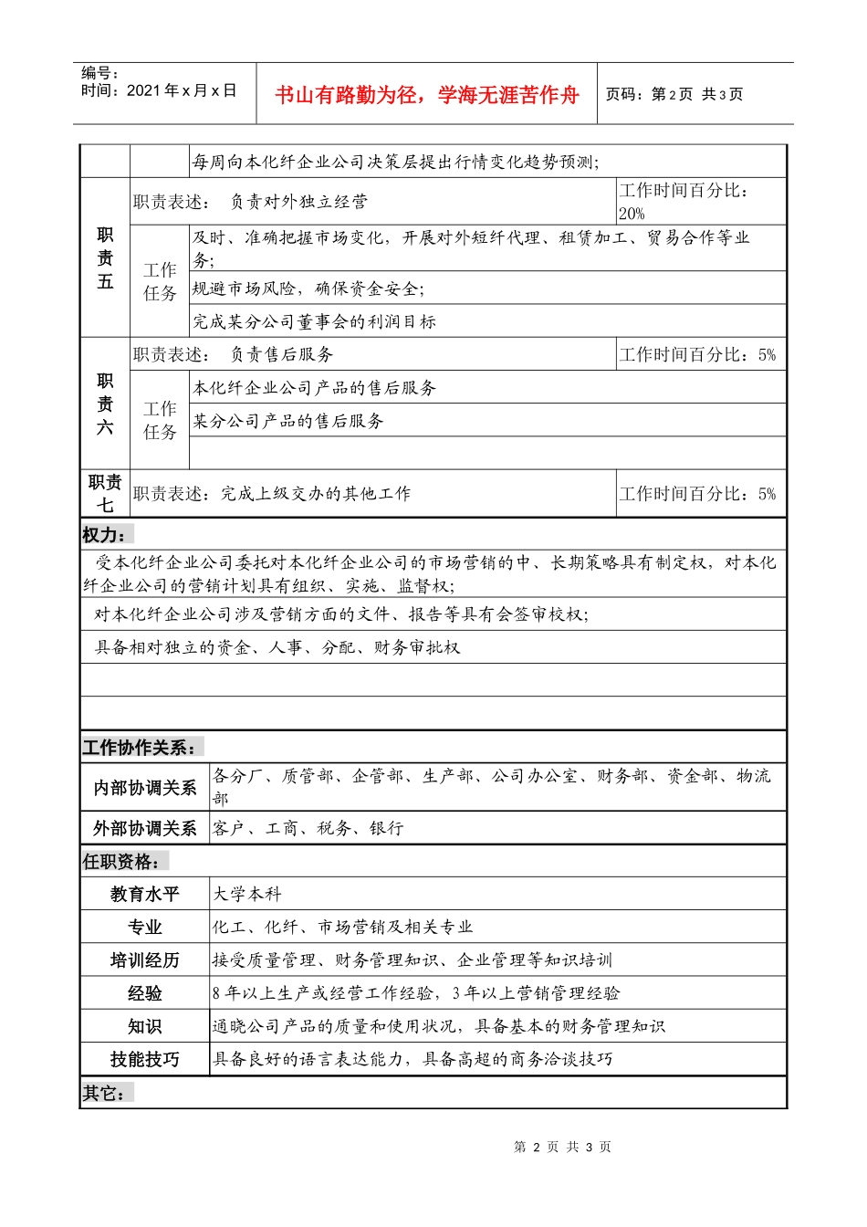 某化纤企业分公司总经理职务说明书_第2页