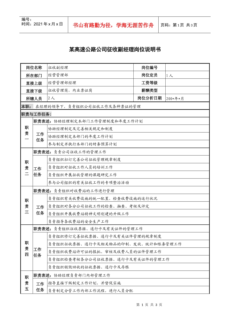 某高速公路公司征收副经理岗位说明书_第1页