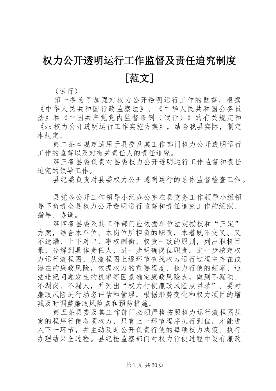 权力公开透明运行工作监督及责任追究规章制度[范文]_第1页