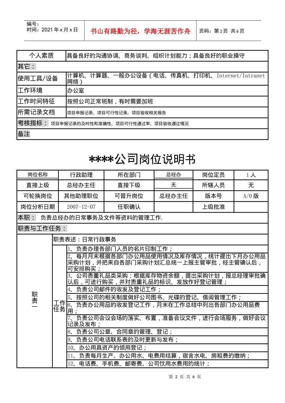 某制造企业总经办岗位说明书_第2页