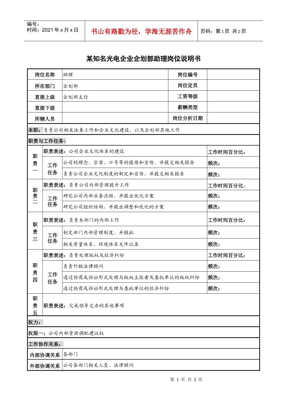 某知名光电企业企划部助理岗位说明书_第1页