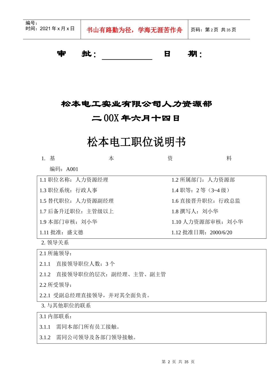 某某电工实业公司人力资源开发管理体系职位说明书_第2页