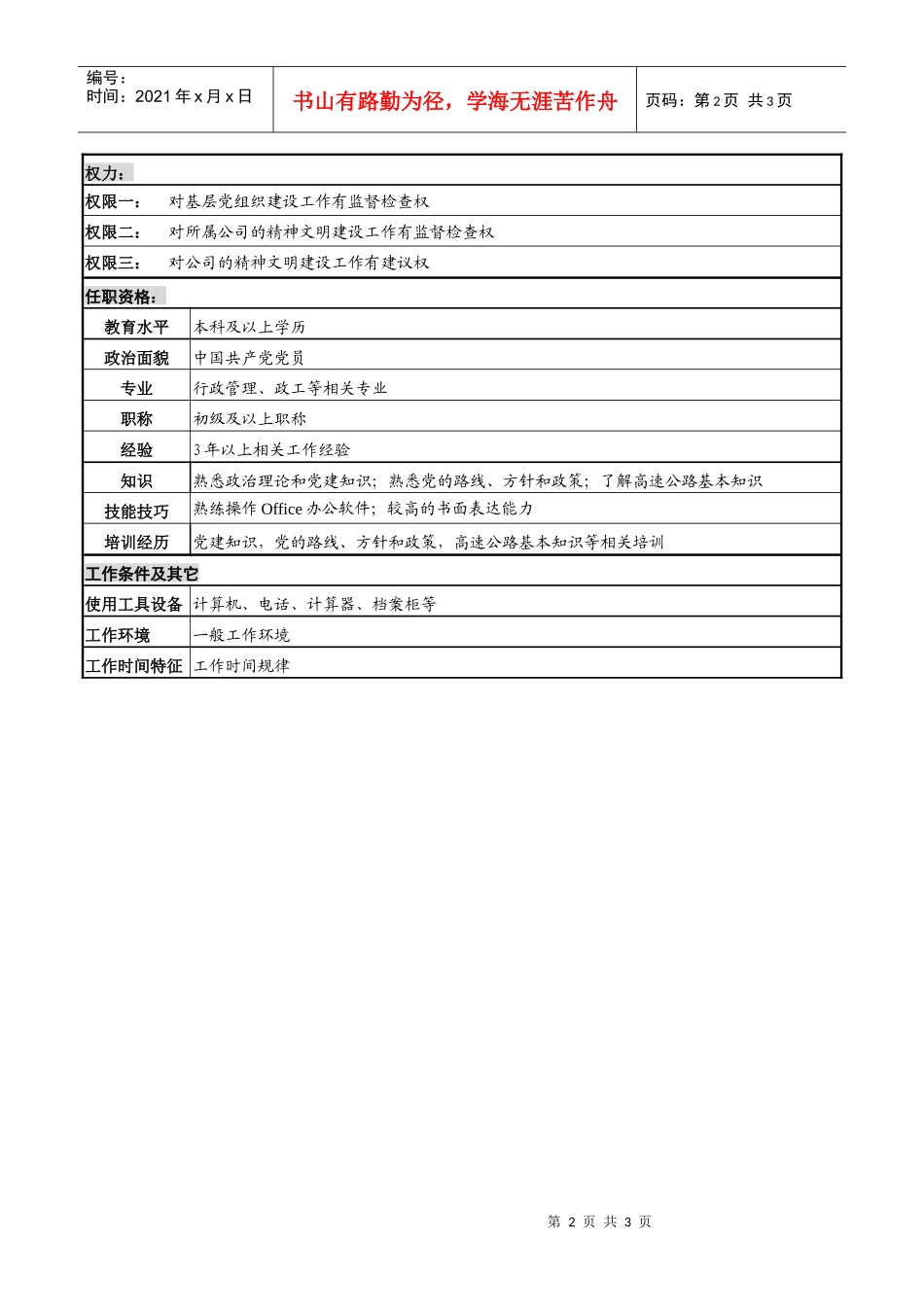 某高速公路公司党务干事岗岗位说明书_第2页