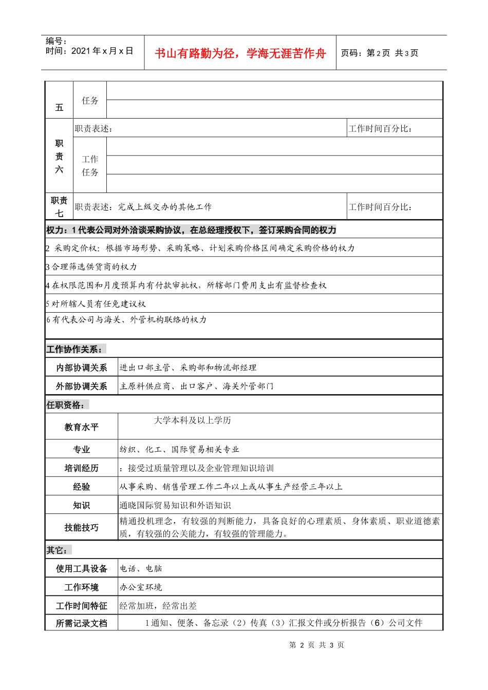 某化纤企业总经理助理兼进出口部经理职务说明书_第2页