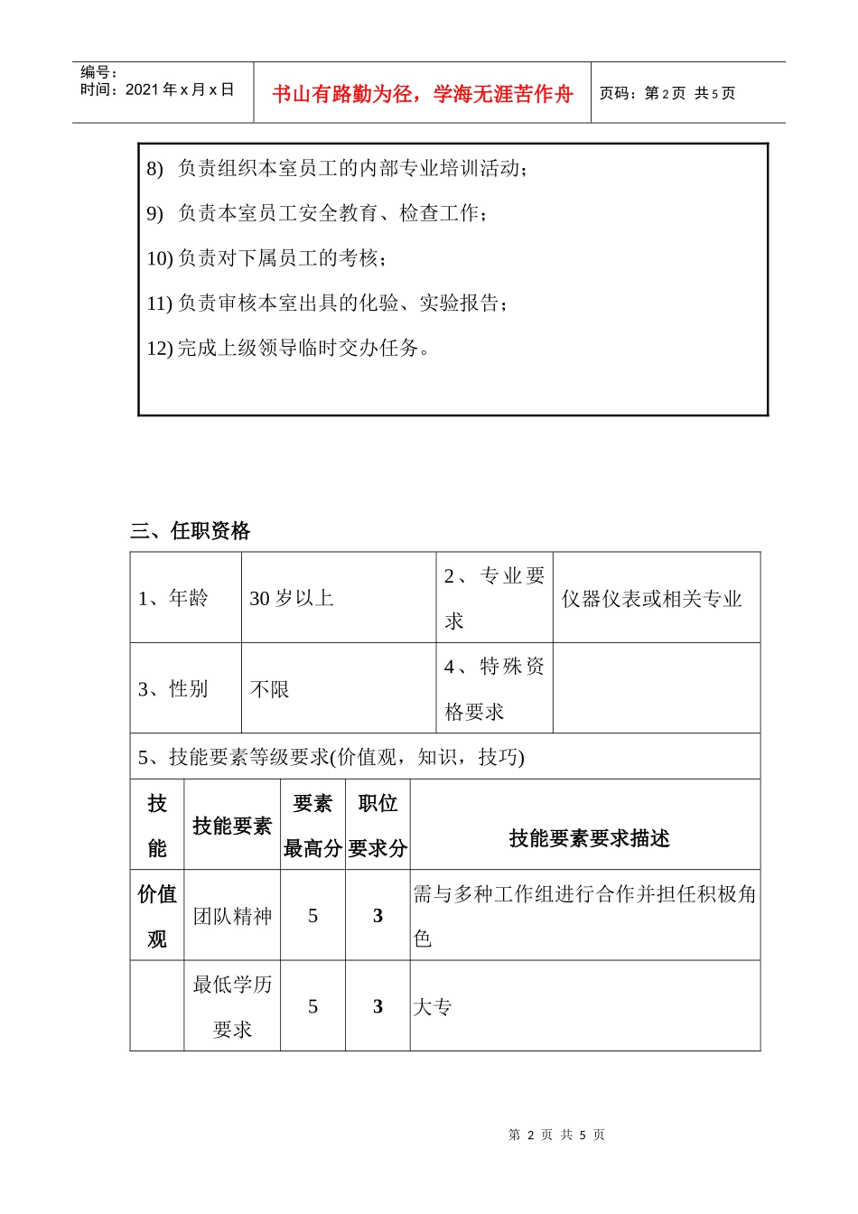 质保部化验室主管职位说明书_第2页