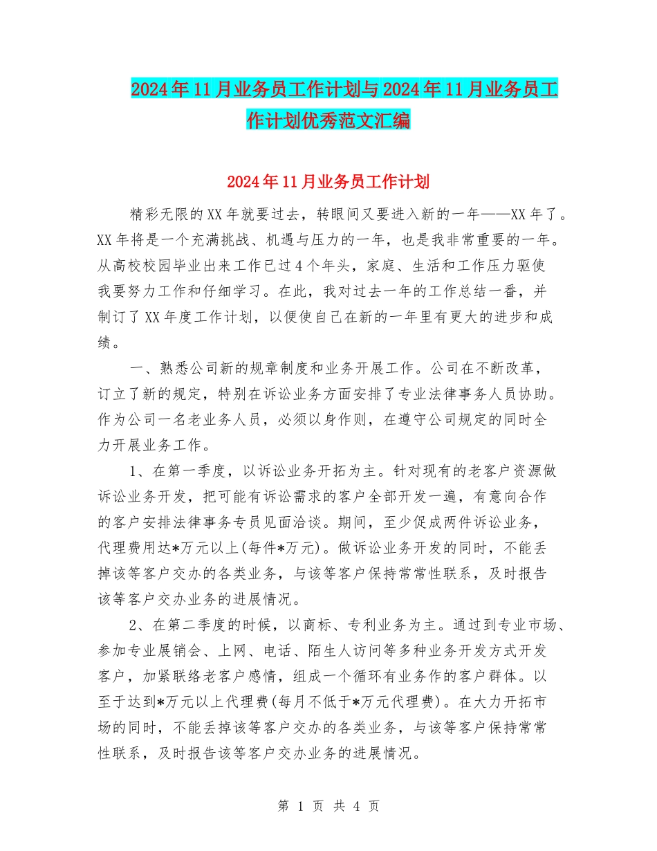 2024年11月业务员工作计划与2024年11月业务员工作计划优秀范文汇编_第1页