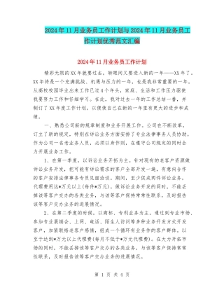2024年11月业务员工作计划与2024年11月业务员工作计划优秀范文汇编