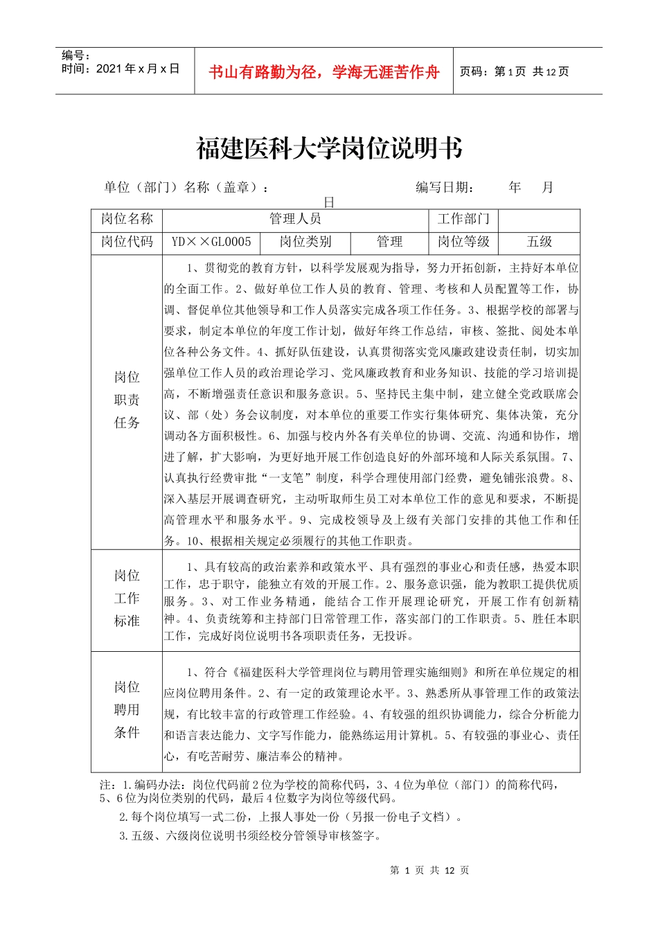 福建医科大学岗位说明书_第1页