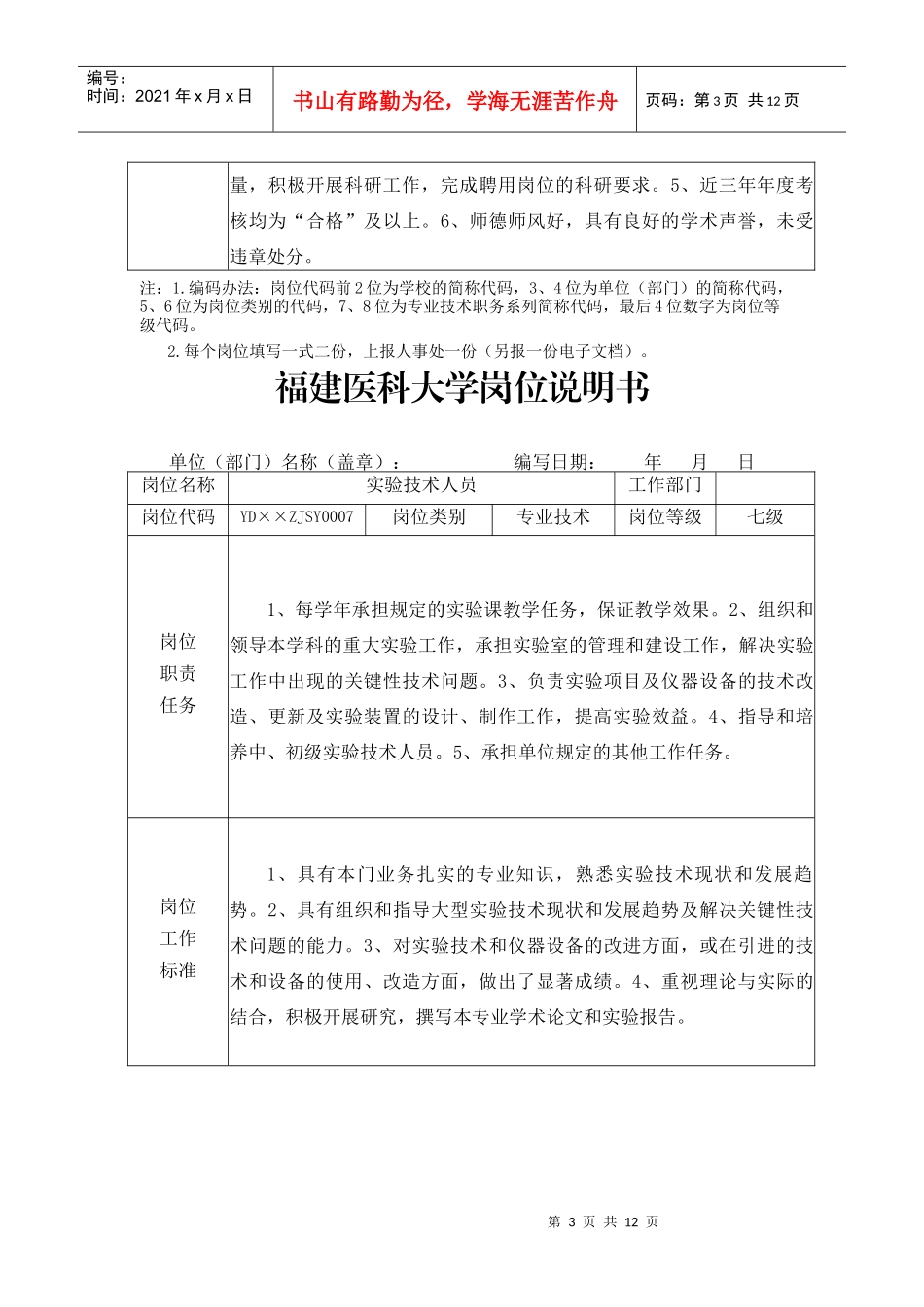 福建医科大学岗位说明书_第3页