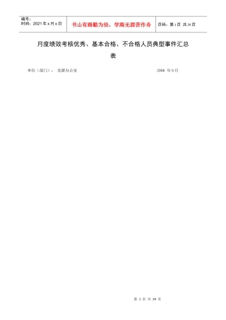 月度绩效考核优秀、基本合格、不合格人员典型事件汇总表