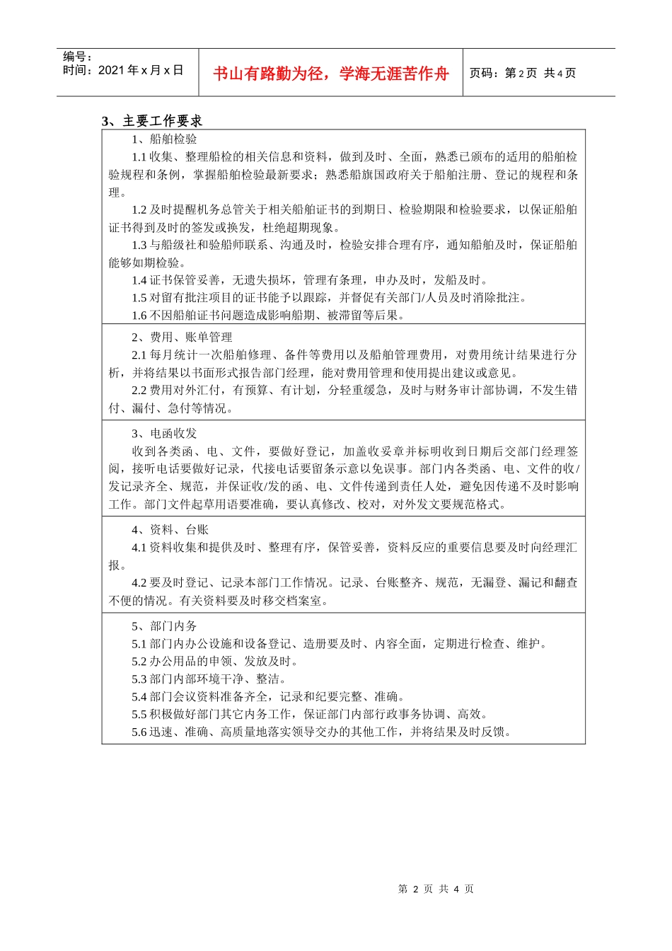 船管部行政主管岗位任务说明书_第2页