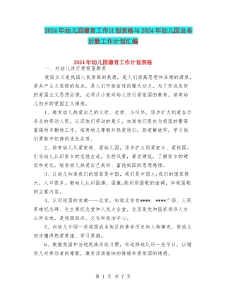 2024年幼儿园德育工作计划表格与2024年幼儿园总务后勤工作计划汇编
