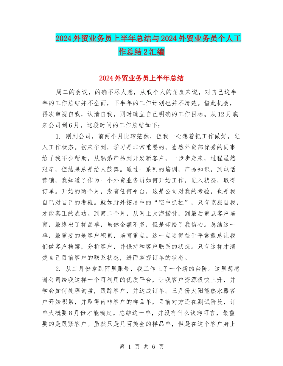2024外贸业务员上半年总结与2024外贸业务员个人工作总结2汇编_第1页