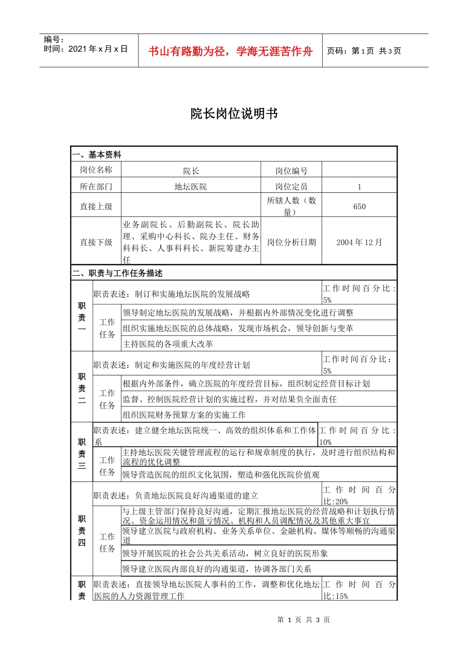 某医院院长岗位说明书_第1页