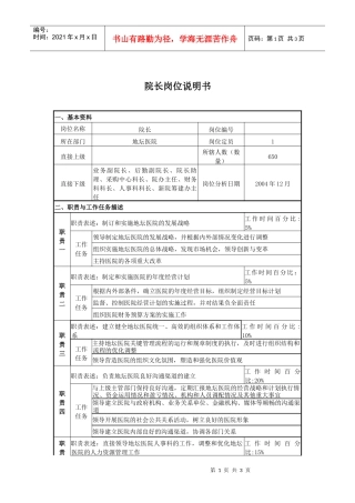 某医院院长岗位说明书