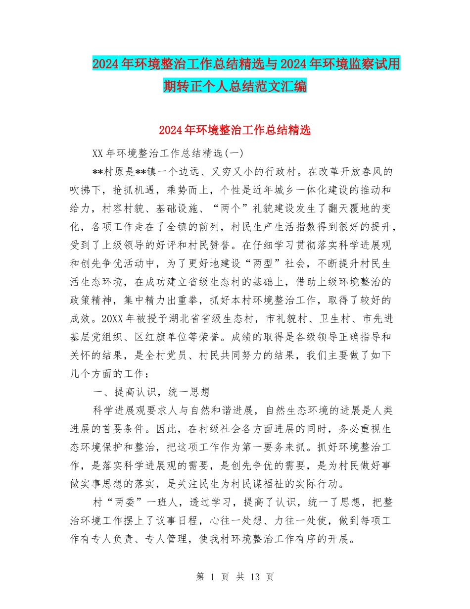 2024年环境整治工作总结精选与2024年环境监察试用期转正个人总结范文汇编_第1页