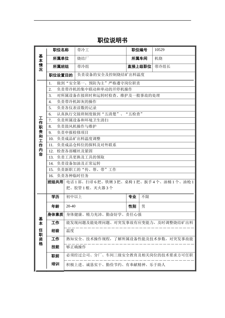 烧结厂机烧带冷组带冷工职位说明书_第1页