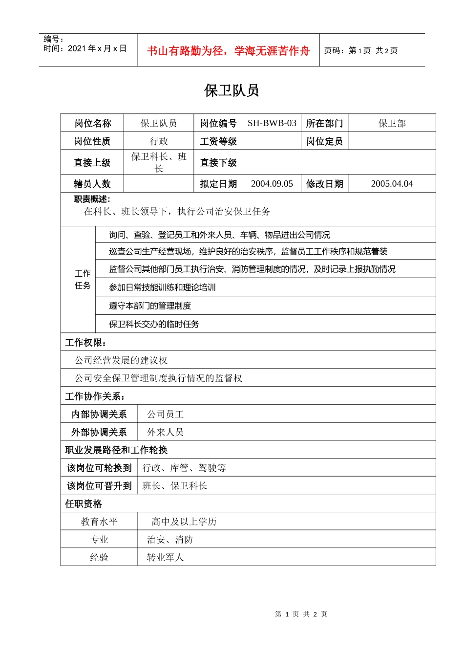 某汽车集团保卫部保安(保卫队员)岗位说明书_第1页