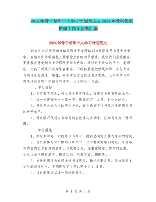 2024年骨干培训个人学习计划范文与2024年骨科优质护理工作计划书汇编