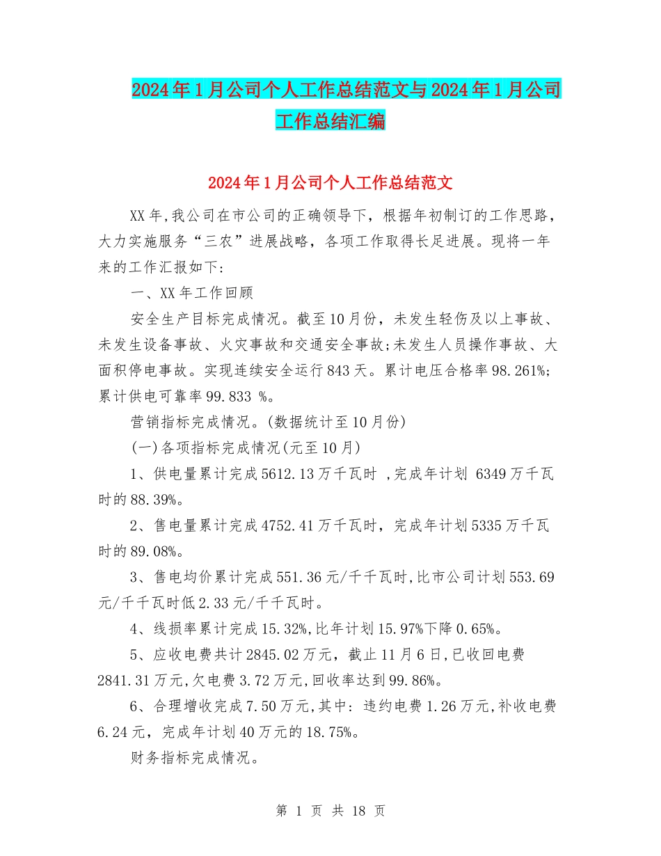 2024年1月公司个人工作总结范文与2024年1月公司工作总结汇编_第1页