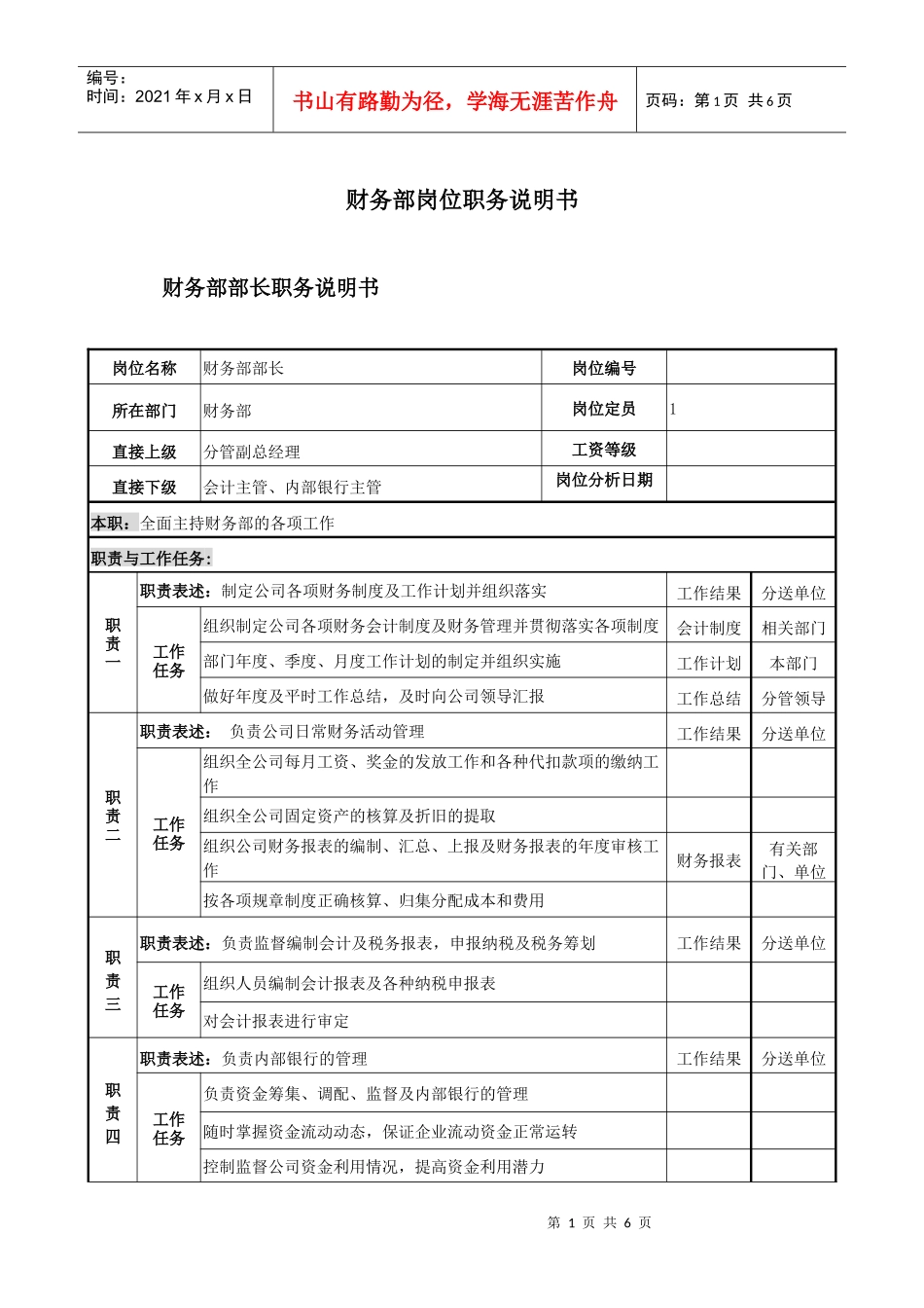 财务部岗位岗位说明书_第1页