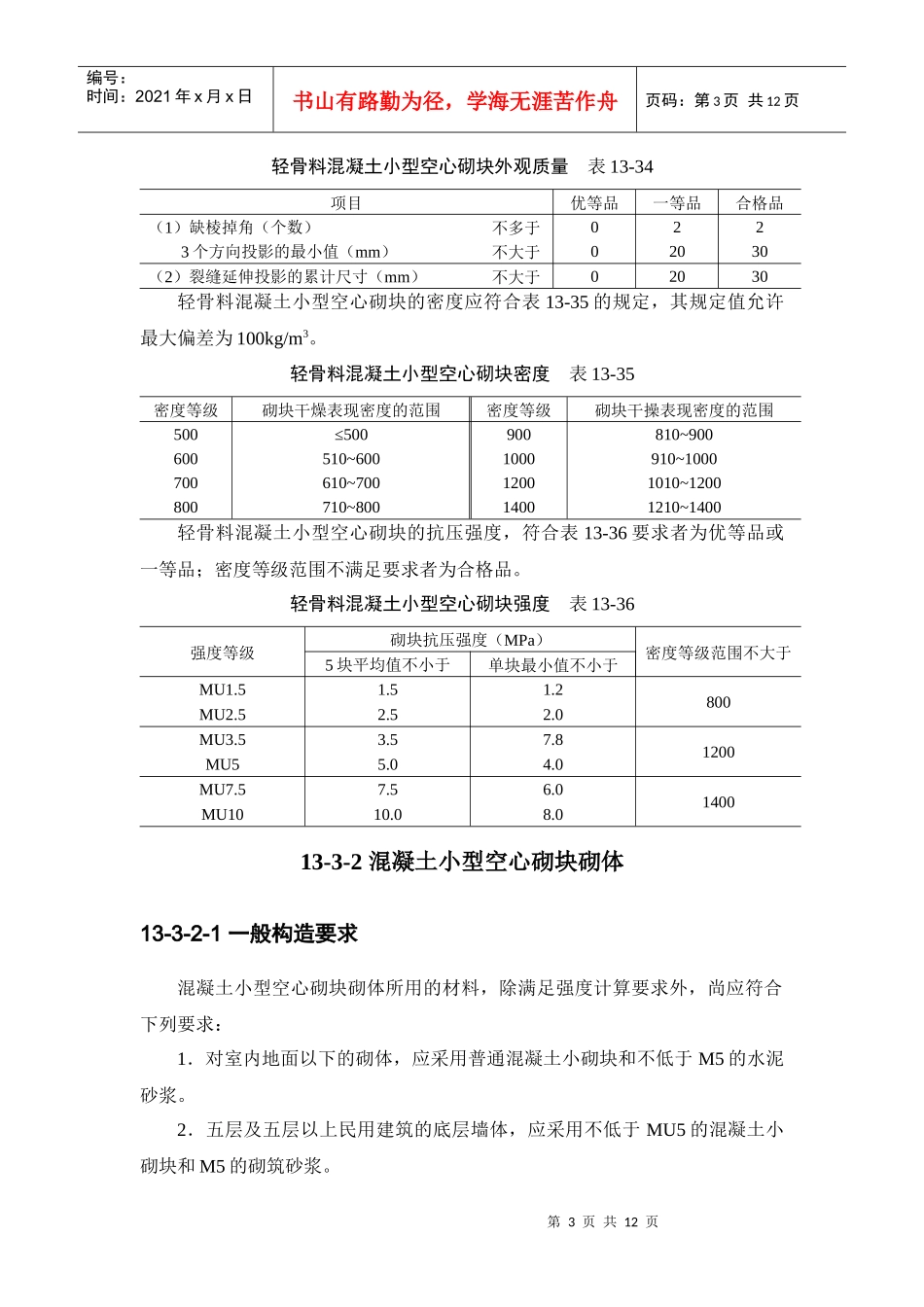 手册(第四版)第十三章砌体工程13-3 混凝土小型空心砌块砌体工程_第3页