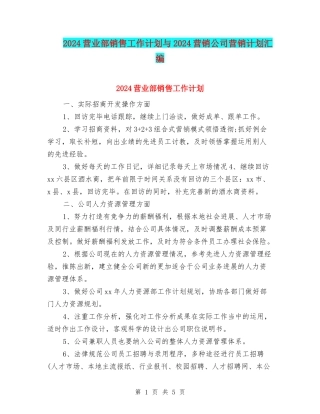 2024营业部销售工作计划与2024营销公司营销计划汇编