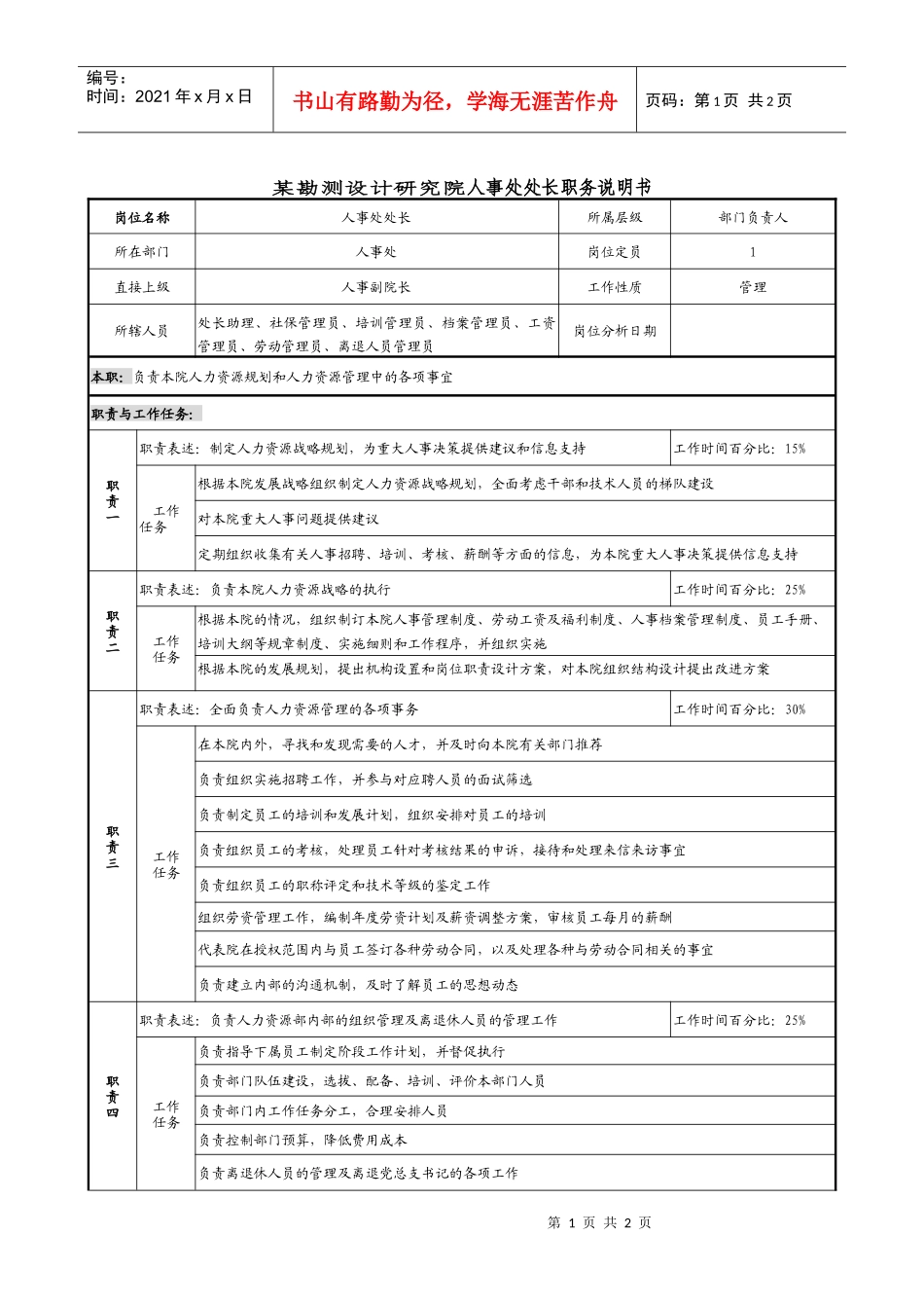 某勘测设计研究院人事处处长职务说明书_第1页