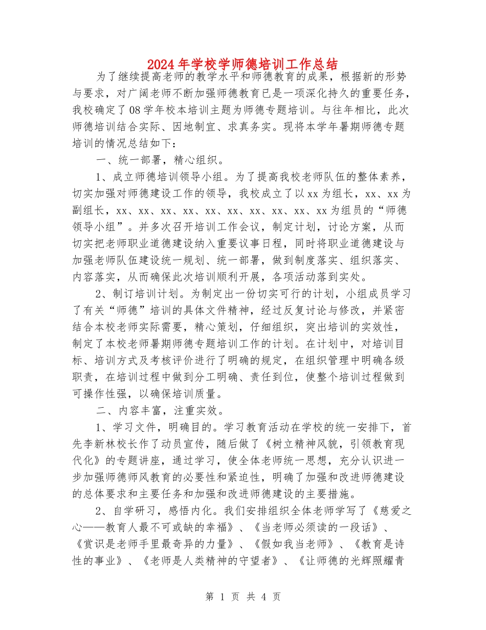 2024年初中学师德培训工作总结_第1页