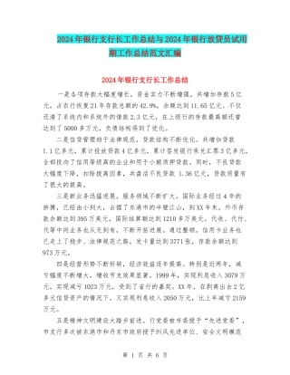 2024年银行支行长工作总结与2024年银行放贷员试用期工作总结范文汇编