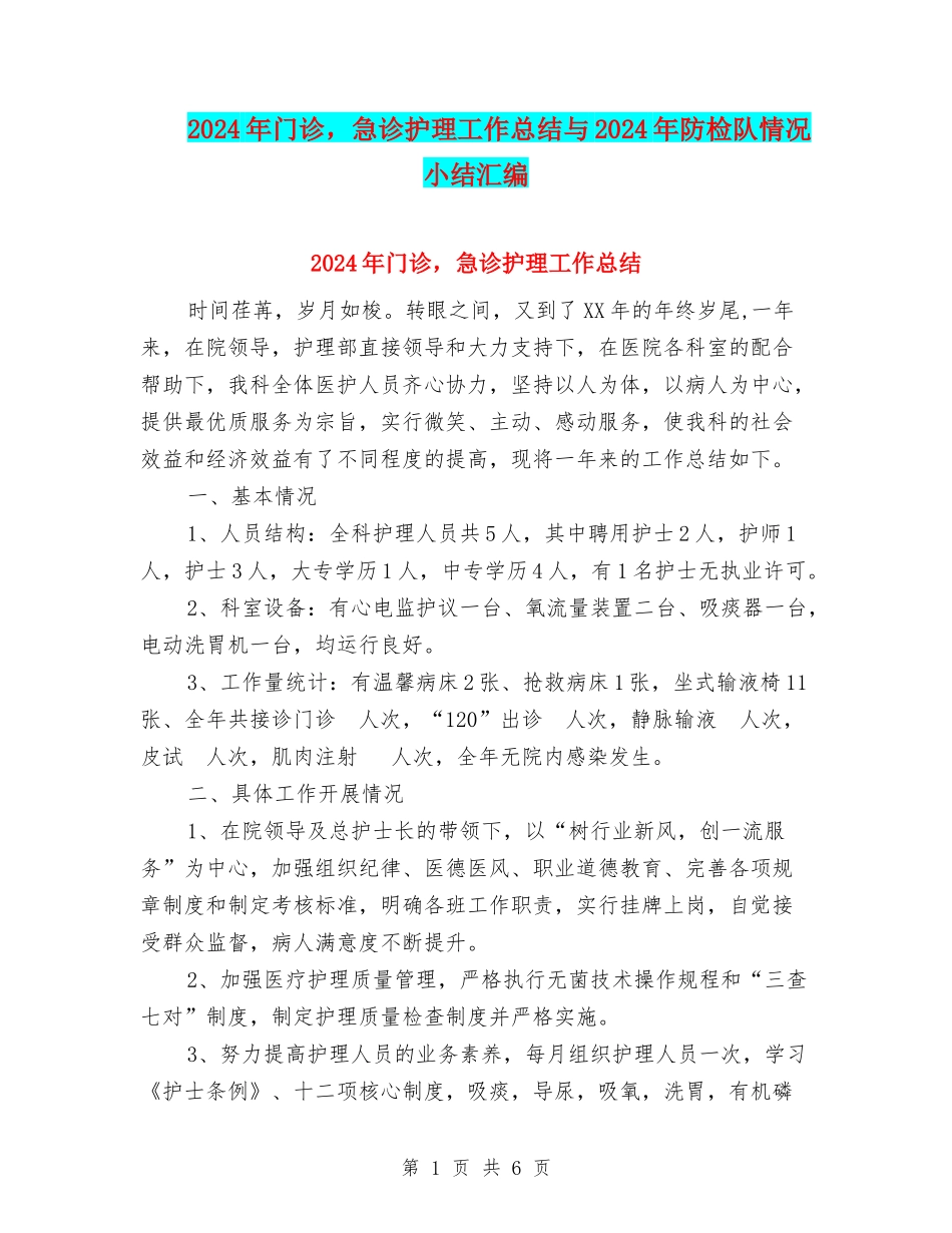 2024年门诊-急诊护理工作总结与2024年防检队情况小结汇编_第1页