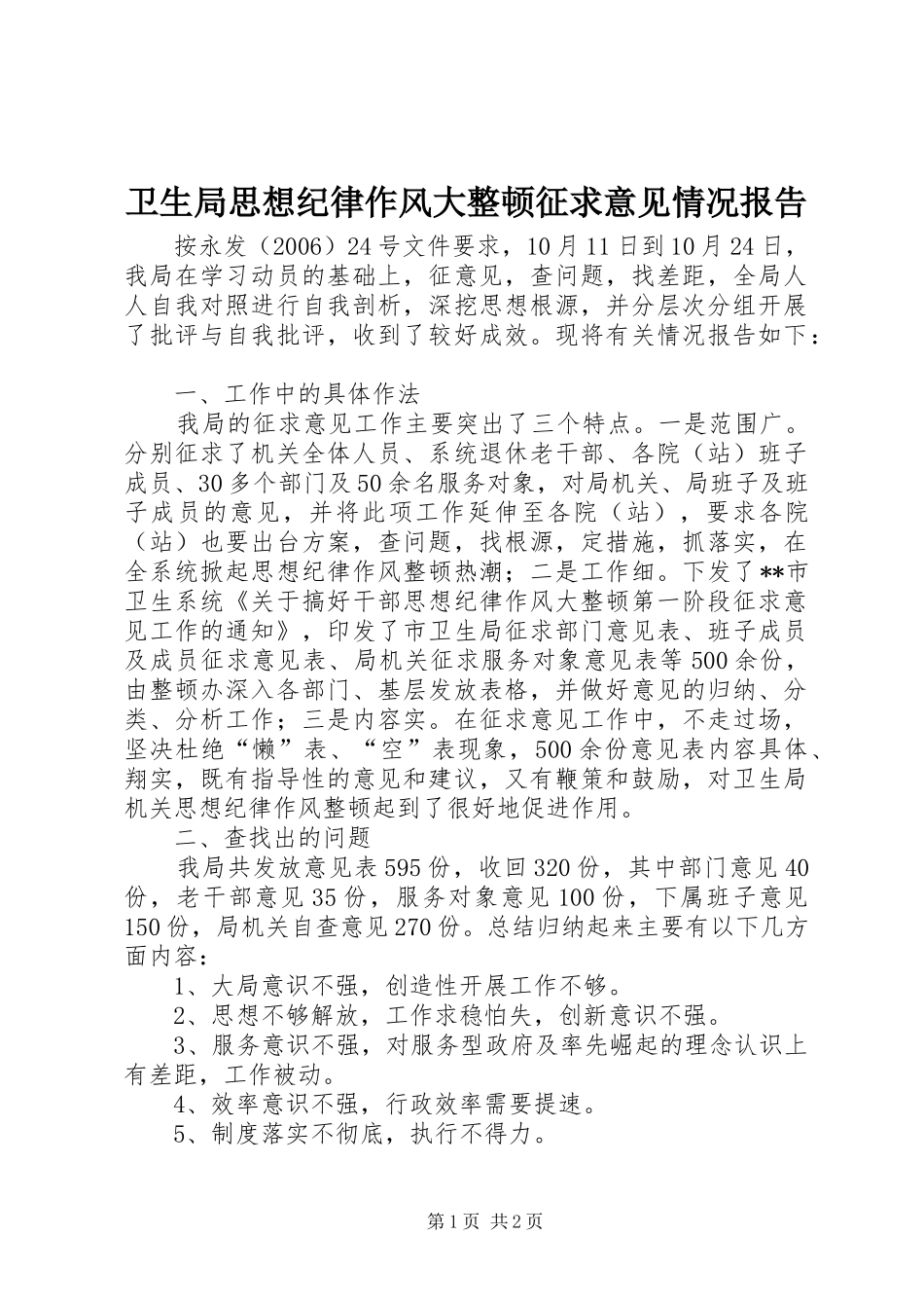 卫生局思想纪律作风大整顿征求意见情况报告 _第1页