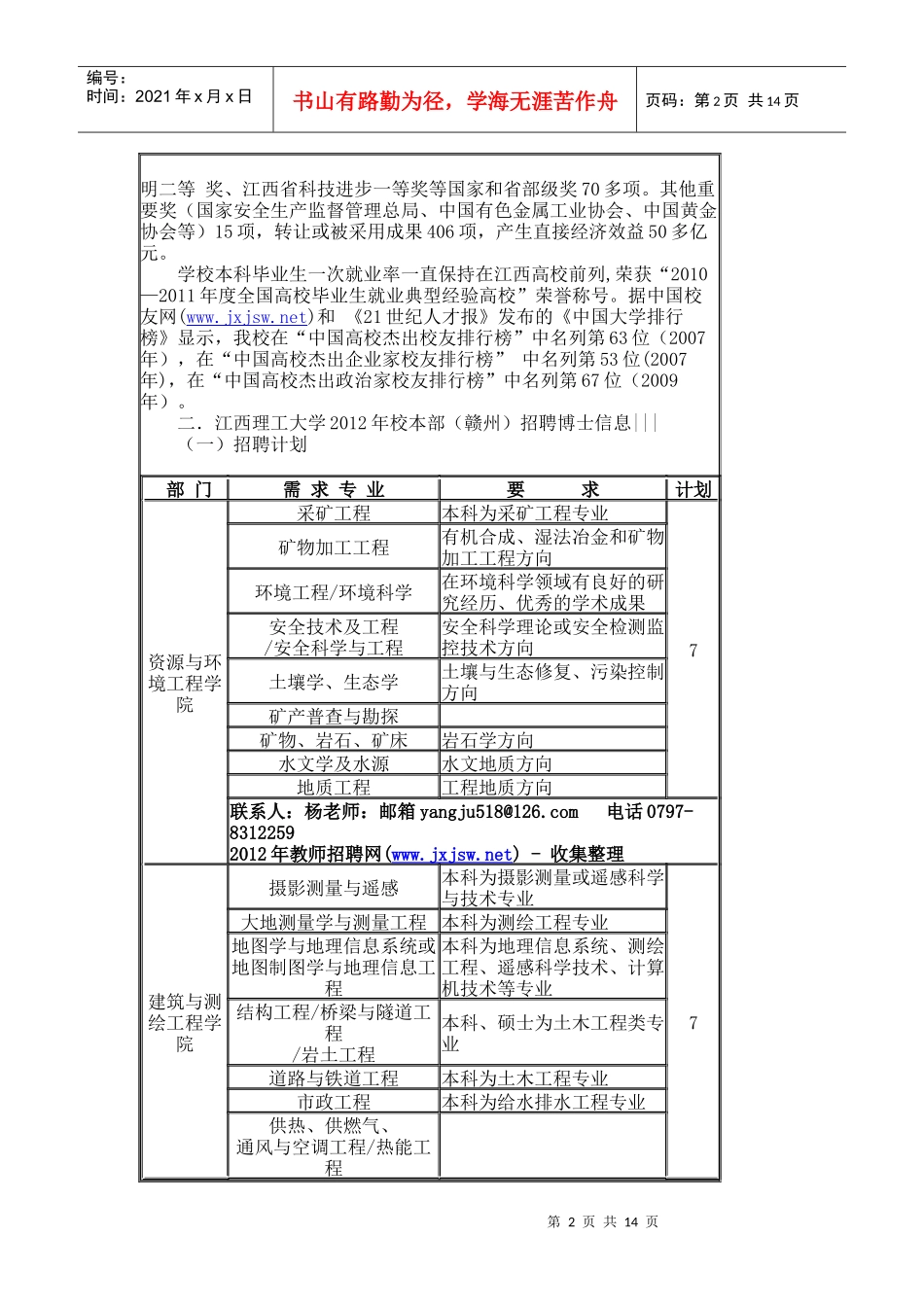 江西理工大学XXXX年高校教师人才招聘公告_第2页