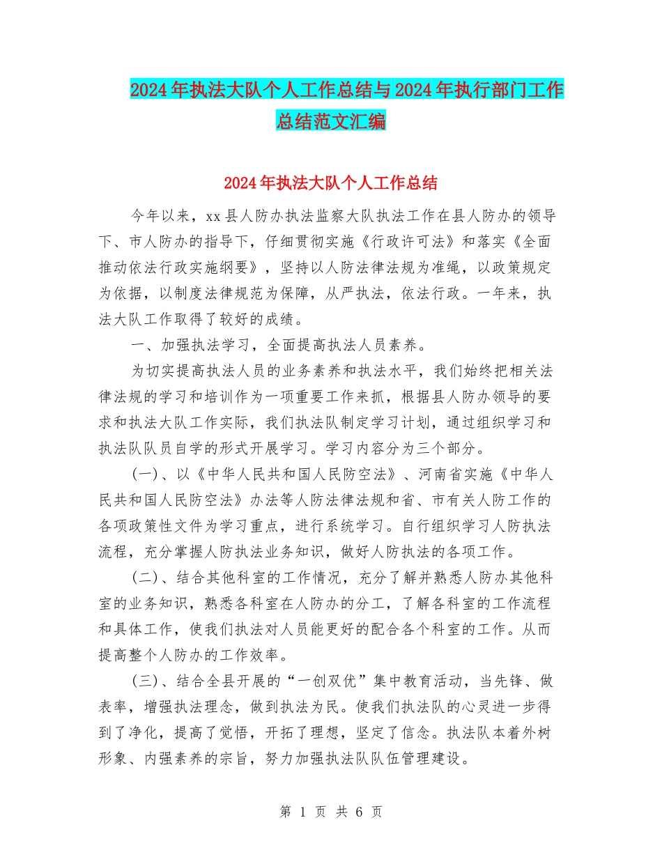 2024年执法大队个人工作总结与2024年执行部门工作总结范文汇编_第1页