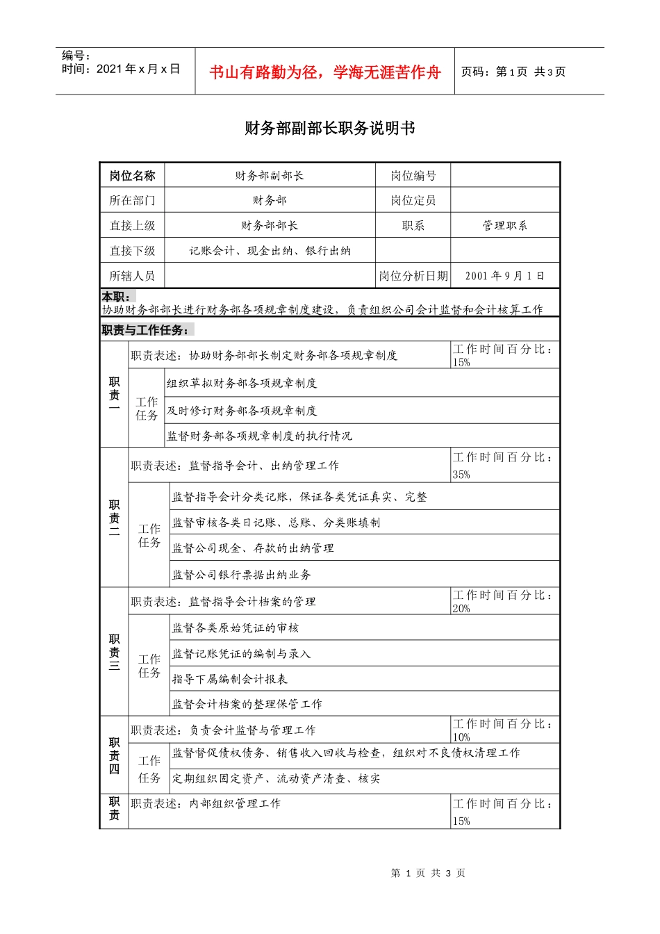 财务部副部长职务说明书_第1页