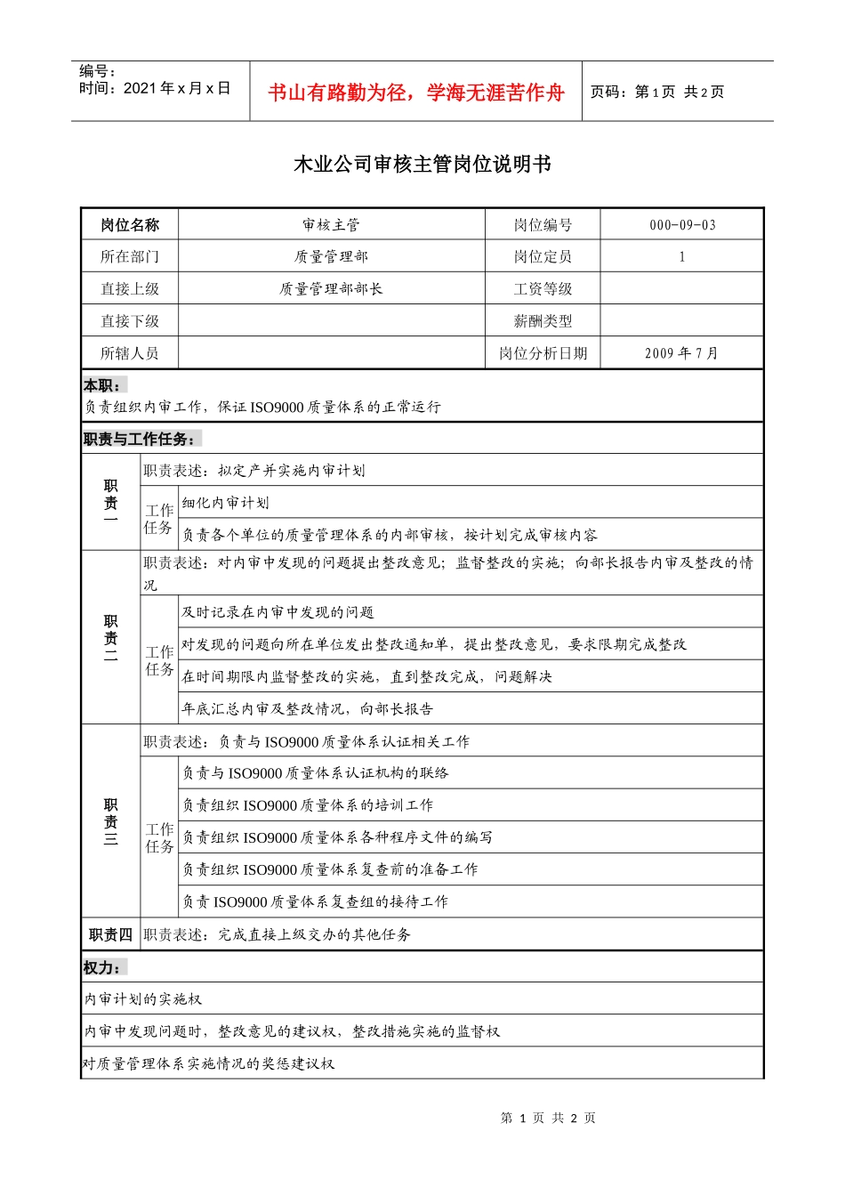 木业公司审核主管岗位说明书._第1页