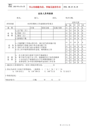 很实用的业务人员考核表