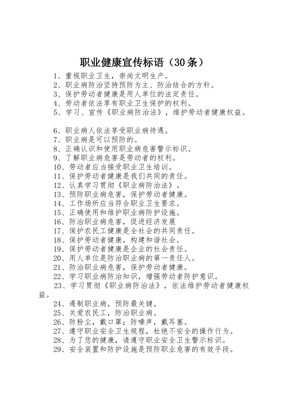 职业健康宣传标语集锦（30条）1_第1页