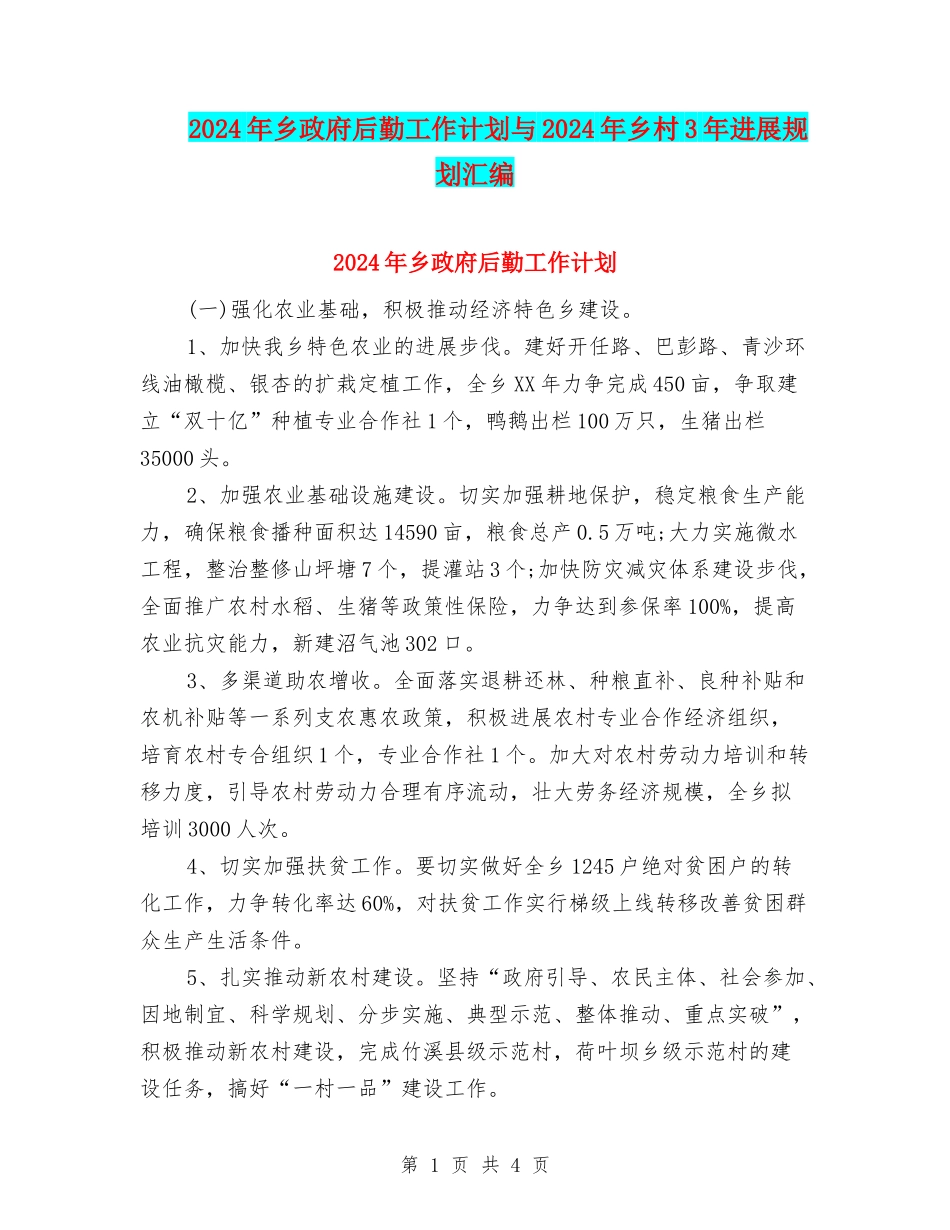 2024年乡政府后勤工作计划与2024年乡村3年发展规划汇编_第1页