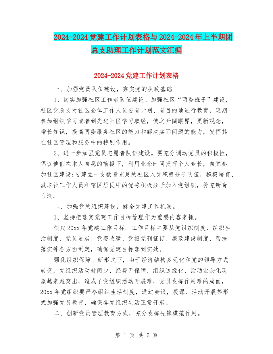 2024-2024党建工作计划表格与2024-2024年上半期团总支助理工作计划范文汇编_第1页