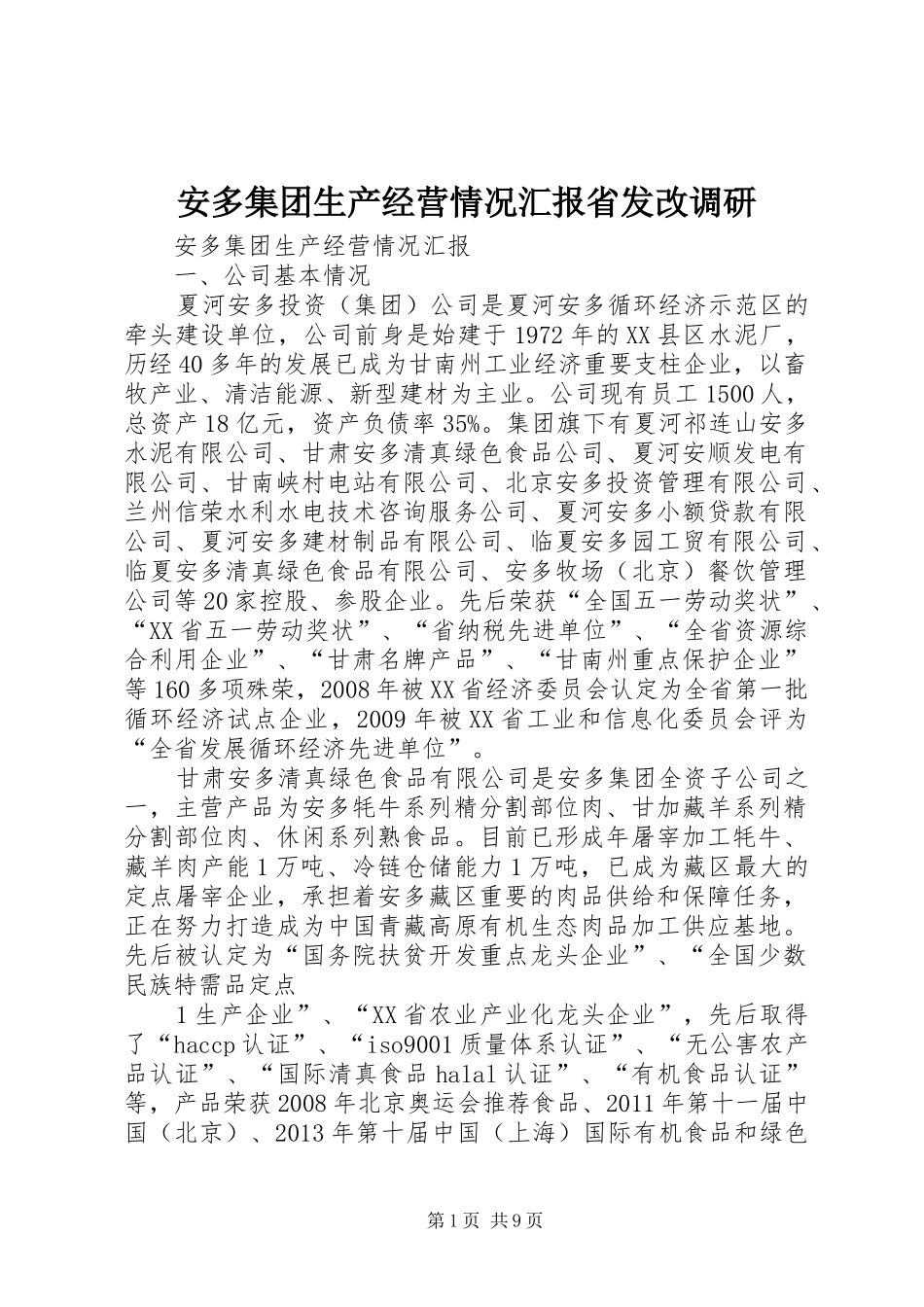 安多集团生产经营情况汇报省发改调研1 _第1页