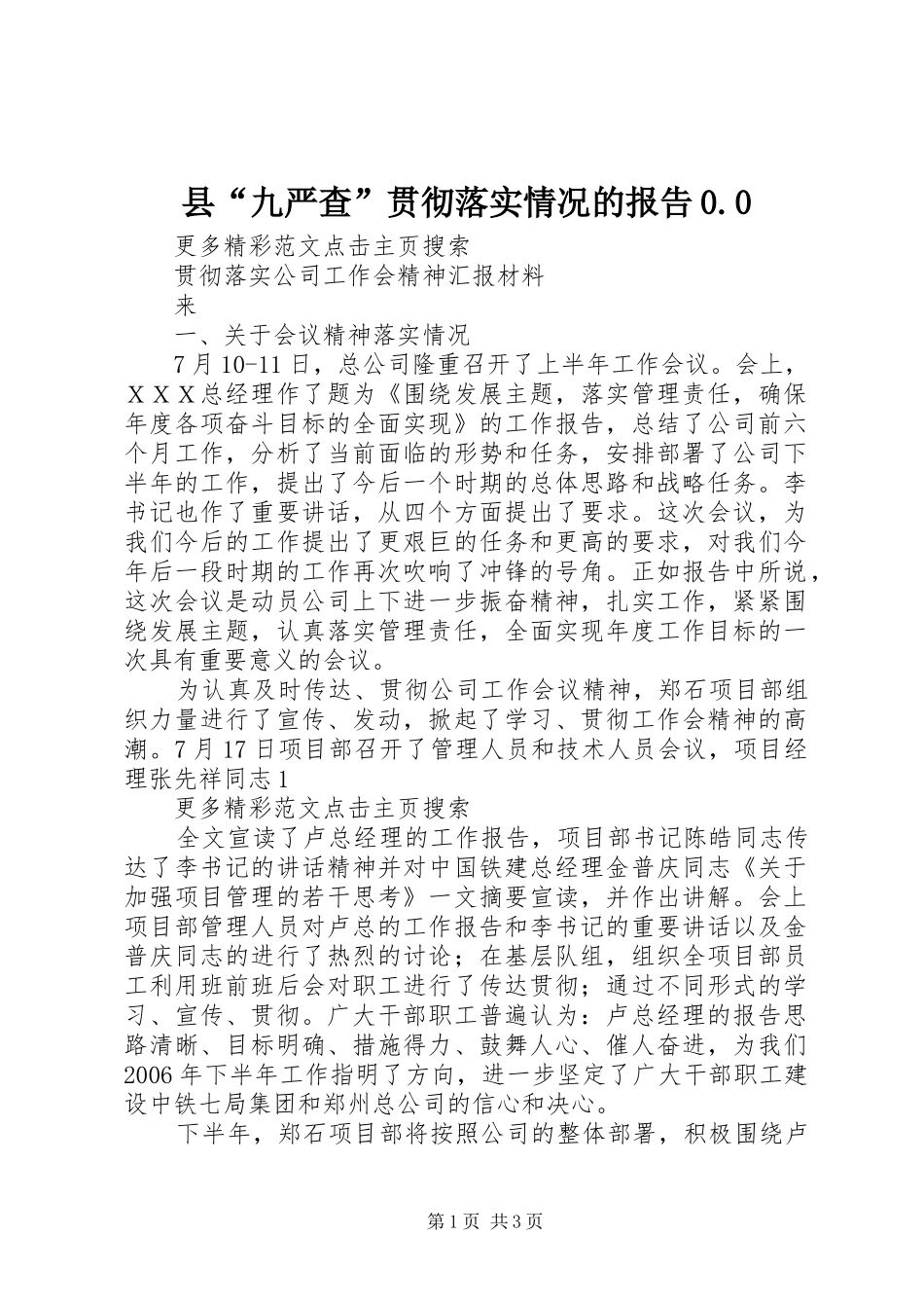 县“九严查”贯彻落实情况的报告0.0 _第1页