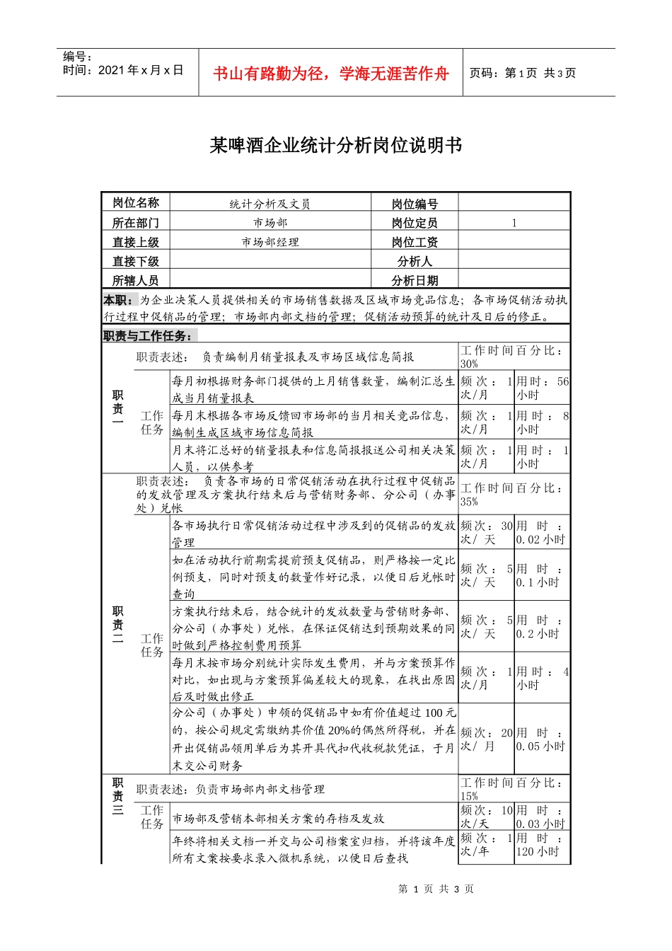 某啤酒企业统计分析岗位说明书_第1页