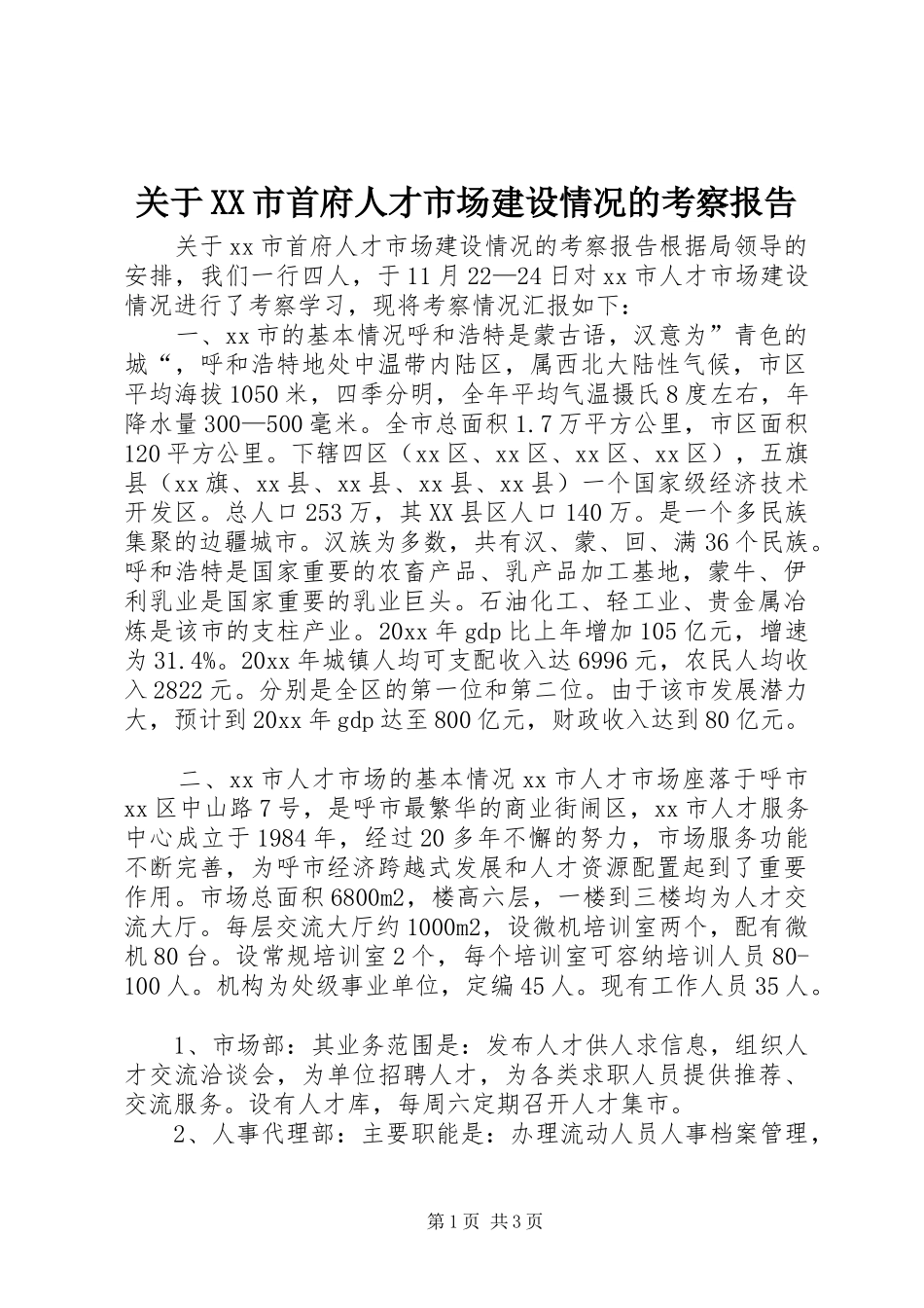 关于XX市首府人才市场建设情况的考察报告 _第1页