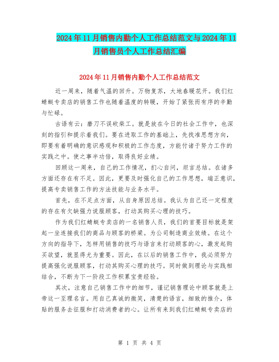 2024年11月销售内勤个人工作总结范文与2024年11月销售员个人工作总结汇编_第1页