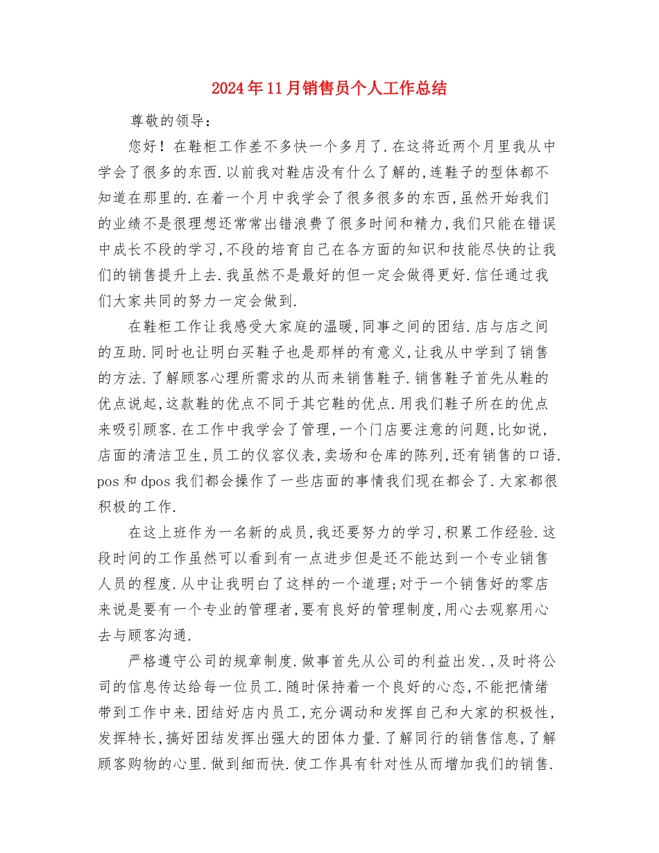 2024年11月销售内勤个人工作总结范文与2024年11月销售员个人工作总结汇编_第3页