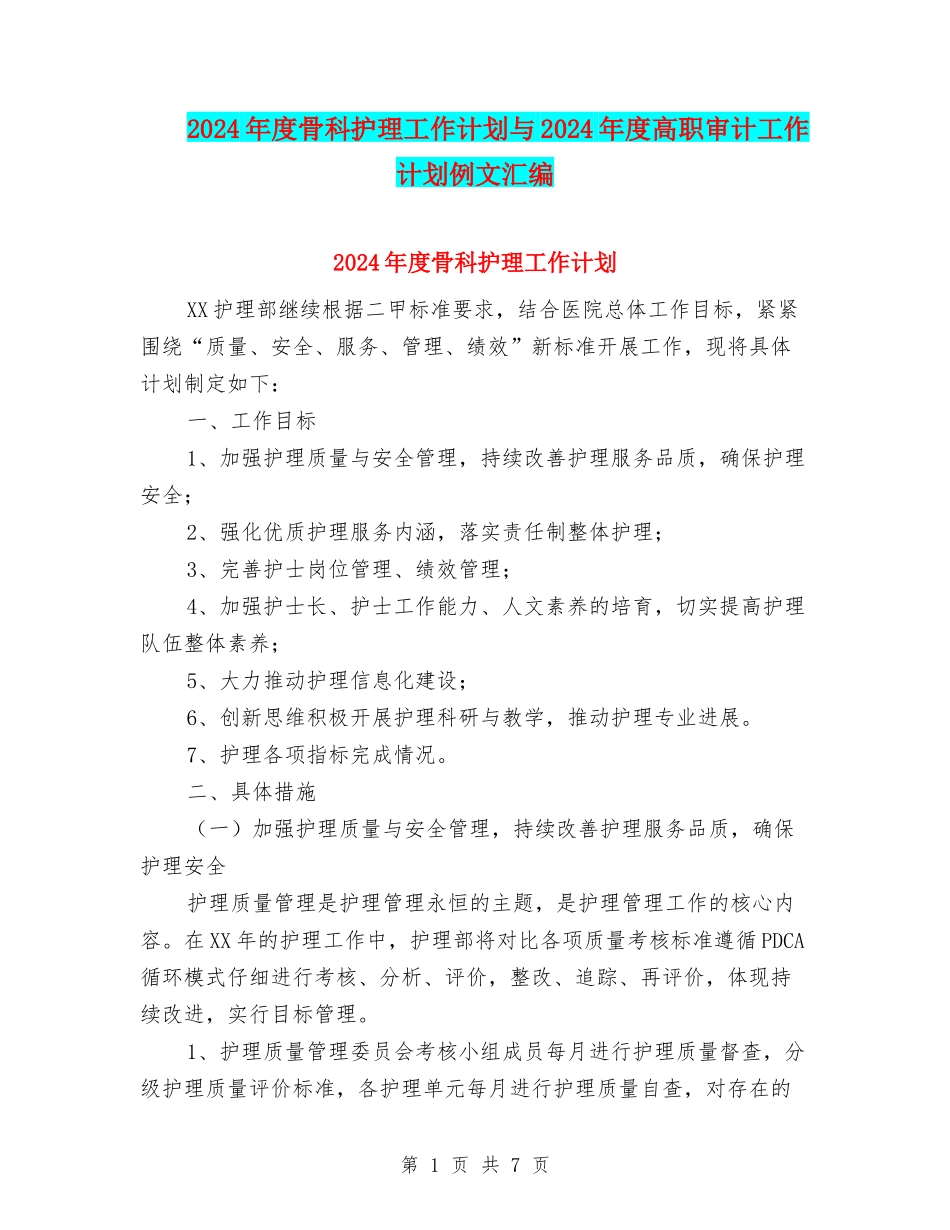 2024年度骨科护理工作计划与2024年度高职审计工作计划例文汇编_第1页