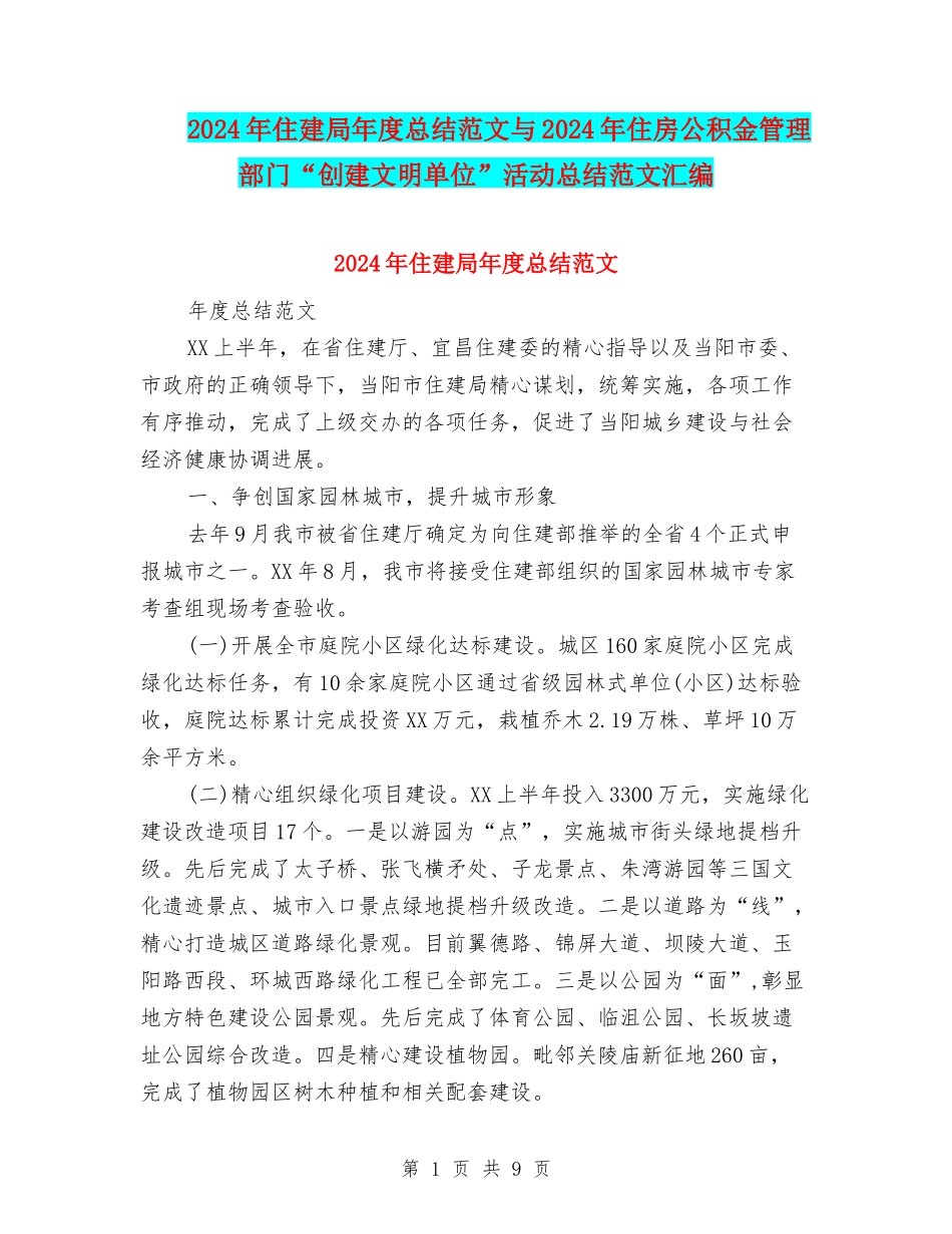 2024年住建局年度总结范文与2024年住房公积金管理部门“创建文明单位”活动总结范文汇编_第1页